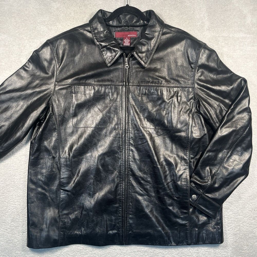 Vintage 90s Merona Leather Jacket Mens XL Black Full Zip Collared Moto‎ Classic
